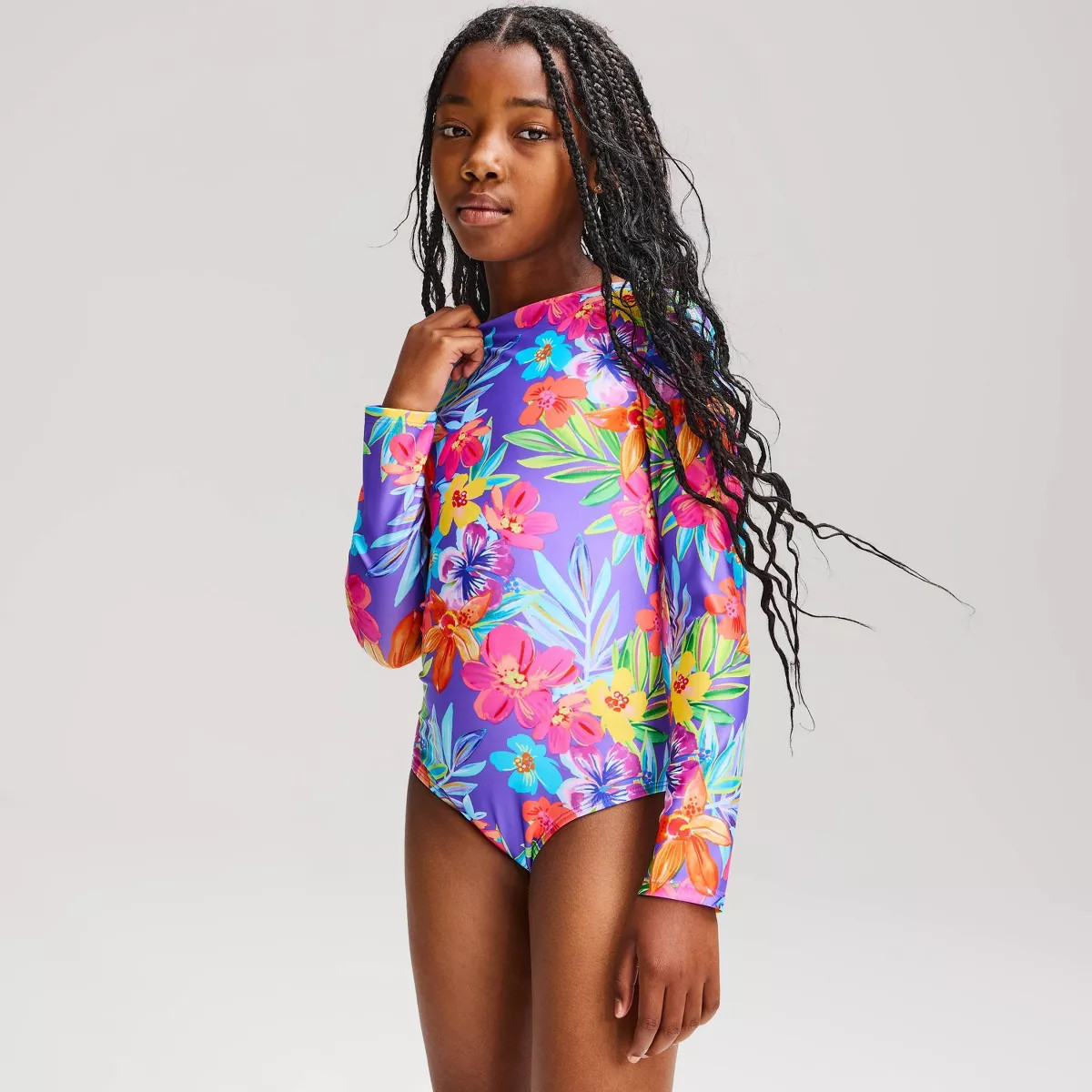 Girls' Floral Long Sleeve One Piece Swimsuit - Cat & Jack\u2122 Purple S | Target