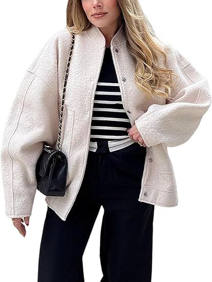 Yeokou Womens Wool Blend Bomber Jacket Fleece Outerwear Casual Oversized Button Down Coat with Po... | Amazon (US)