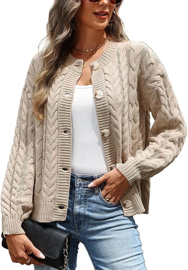 VIMPUNEC Fall Cardigan Sweaters for Women Casual Cable Knit Button Down Jackets Long Sleeve Open ... | Amazon (US)