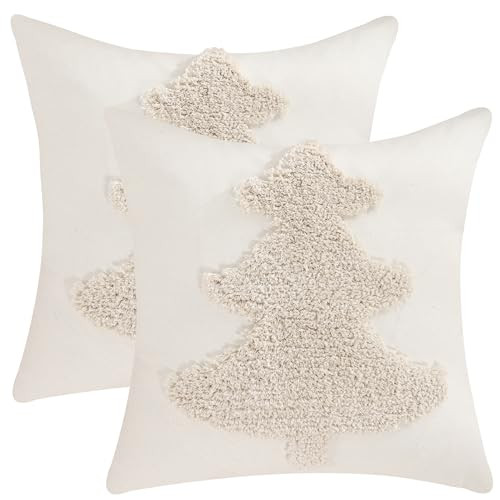 LUOYEHK Christmas Pillow Covers 18x18 Set of 2 Beige Xmas Tree Decorative Pillow Cases Winter Holiday Merry Christmas Canvas Embroidery Cushion Covers for Couch Sofa Bed | Amazon (US)