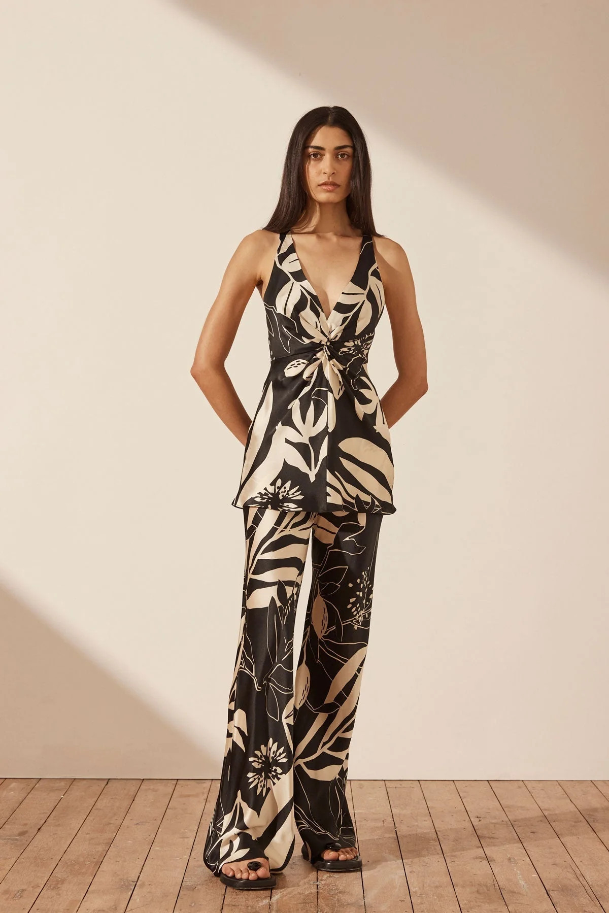 Capri Silk Twist Front Backless Top | Black/Cream | Tops | Shona Joy | Shona Joy