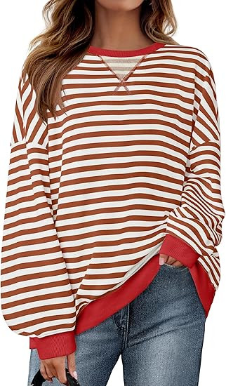 ZESICA Womens Casual Striped Pullover Tops Long Sleeve Shirts Crewneck Oversized Sweatshirts Spri... | Amazon (US)