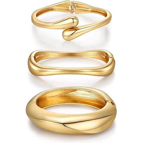 Chunky Gold Bangle Bracelets for Women, Dainty 14k Gold Plated Big Stackable Bangles Set, Trendy ... | Amazon (US)