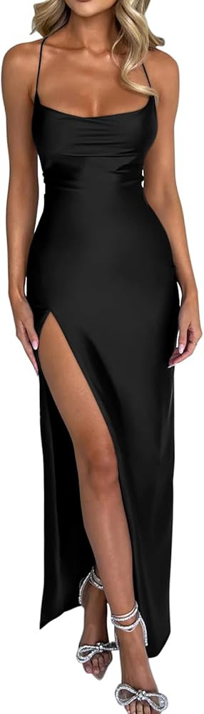 Memoriesea Women's Sexy Spaghetti Strap Bodycon Cowl Neck Party Cocktail Maxi Dress | Amazon (US)