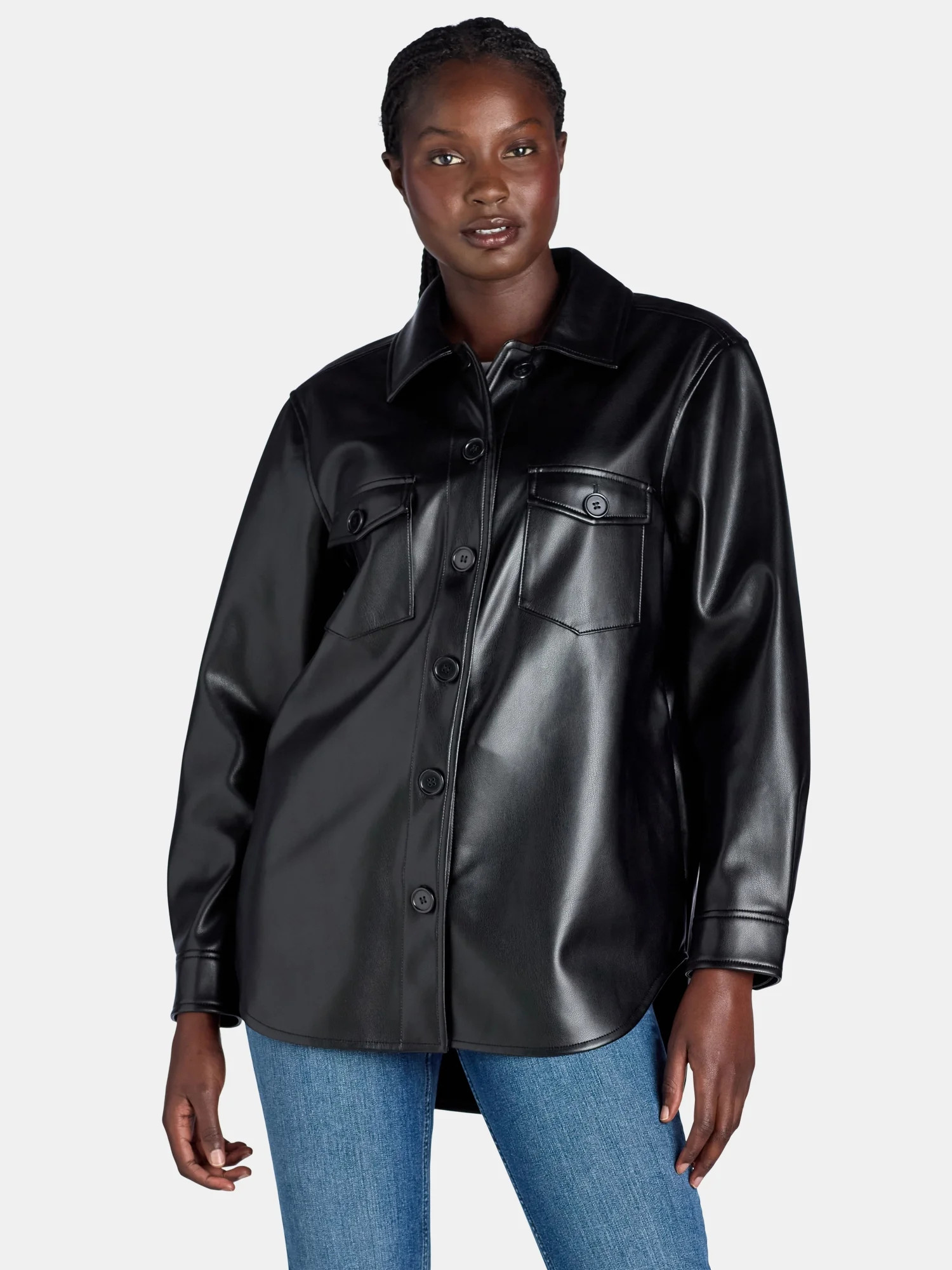 Time and Tru Women's Faux Leather Shacket, Sizes XS-XXXL | Walmart (US)