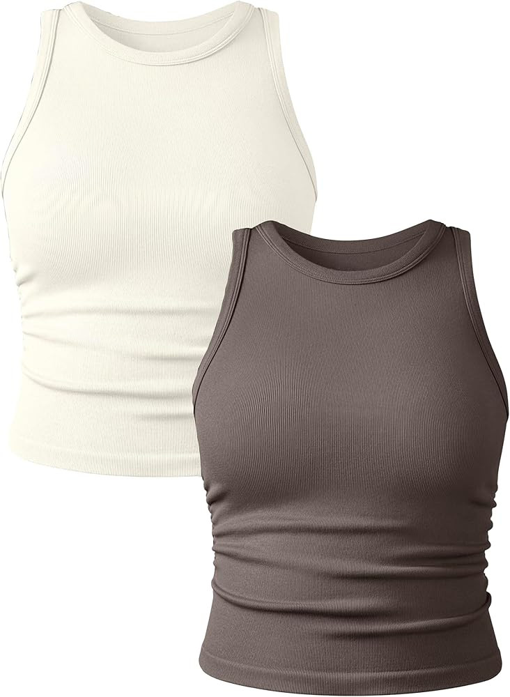 Women's 2 Pieces Basic Seamless Tank Tops Sleeveless Crew Neck Workout Exercise Crop Camis | Amazon (US)