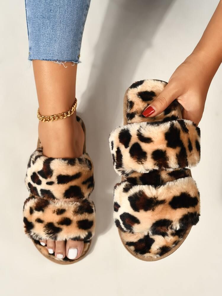Leopard Print Fluffy Slippers | SHEIN