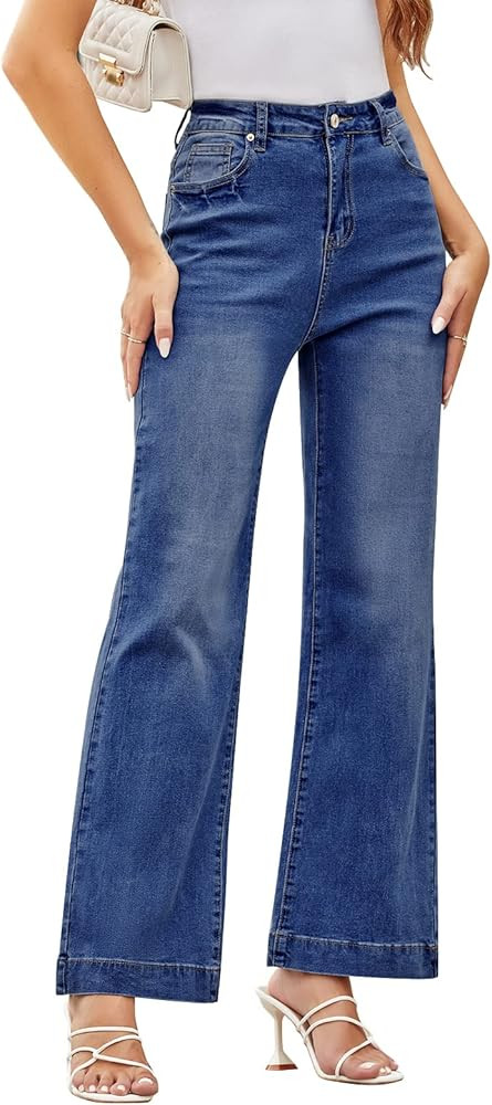 Koinshha Womens Flare Jeans High Waisted Wide Leg Baggy Stretch Boyfriend Denim Pants Trendy | Amazon (US)