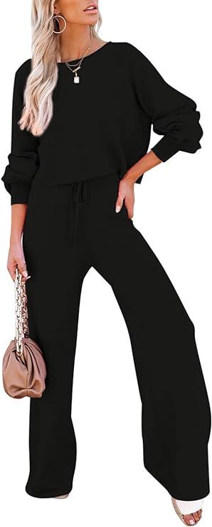 Pink Queen Women's 2 Piece Outfit Sweater Set Long Sleeve Crop Knit Top and Wide Leg Long Pants S... | Amazon (US)