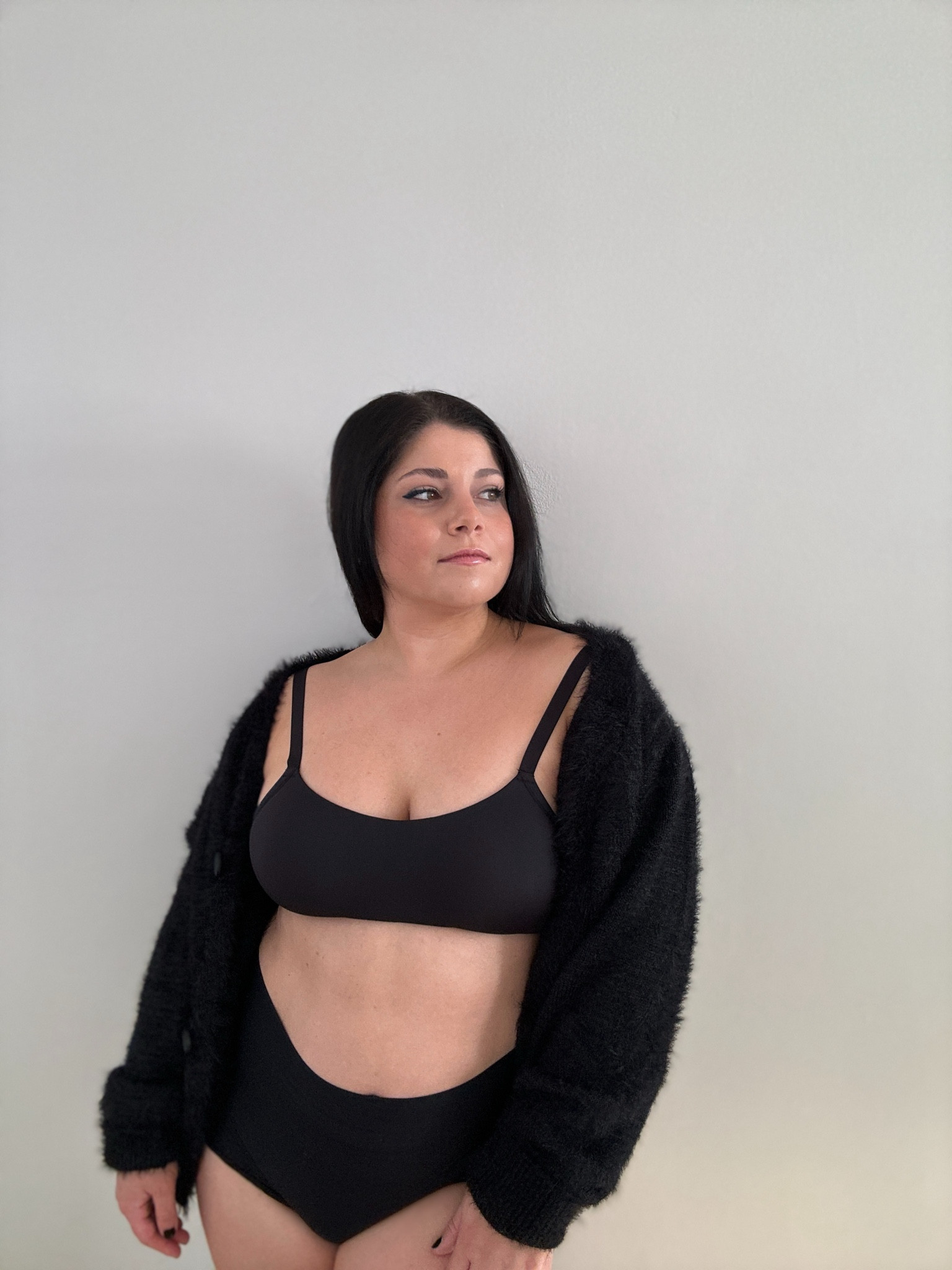 Knix Scoop Bra
High waisted period panties
Black fuzzy cardigan 

#LTKStyleTip #LTKGiftGuide #LTKFindsUnder100