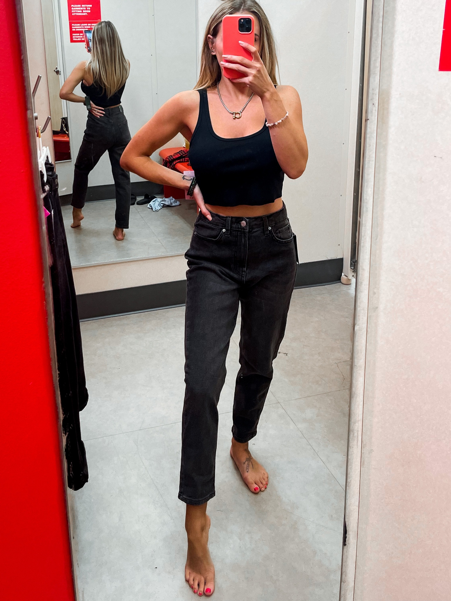 Casual womens target look - pair with a cardigan for fall. Black cropped tank top with black high waist taper mom denim jeans. Wearing size small & 0 denim 

#LTKunder100 #LTKunder50 #LTKstyletip