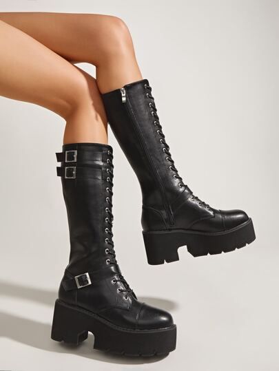 Buckle Decor Lace-up Wedge Boots | SHEIN