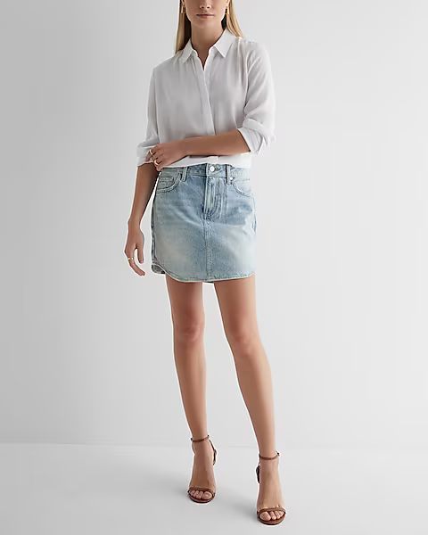 High Waisted Light Wash Mini Denim Skirt | Express