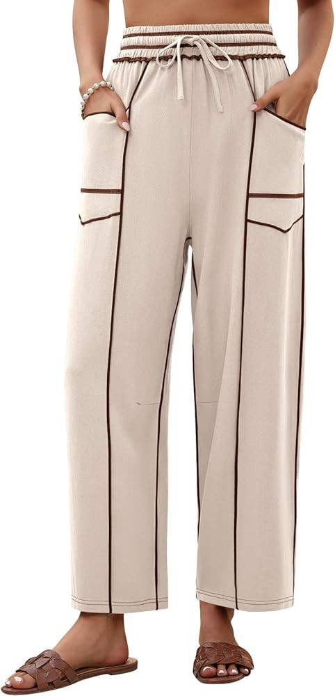 Womens Linen Barrel Pants Baggy Wide Leg Pants Summer Palazzo Drawstring Waist Pants with Pockets... | Amazon (US)