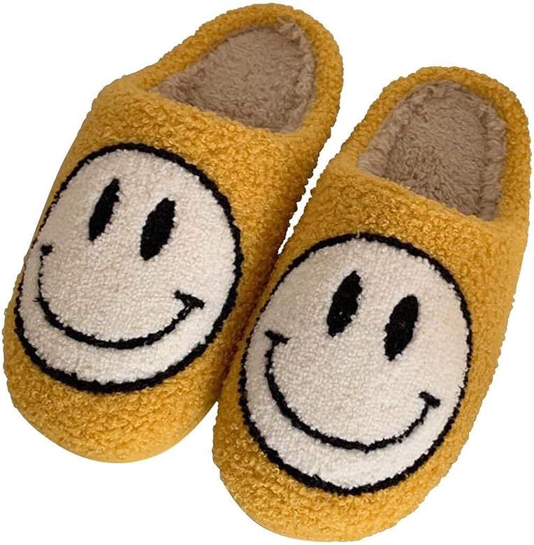 Retro smiley face soft plush comfy warm slip-on slippers | Amazon (US)