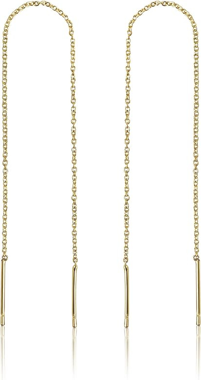 14k Gold Chain Earrings for Women, Gold Threader Earrings for Women | Double Piercing Earrings, T... | Amazon (US)