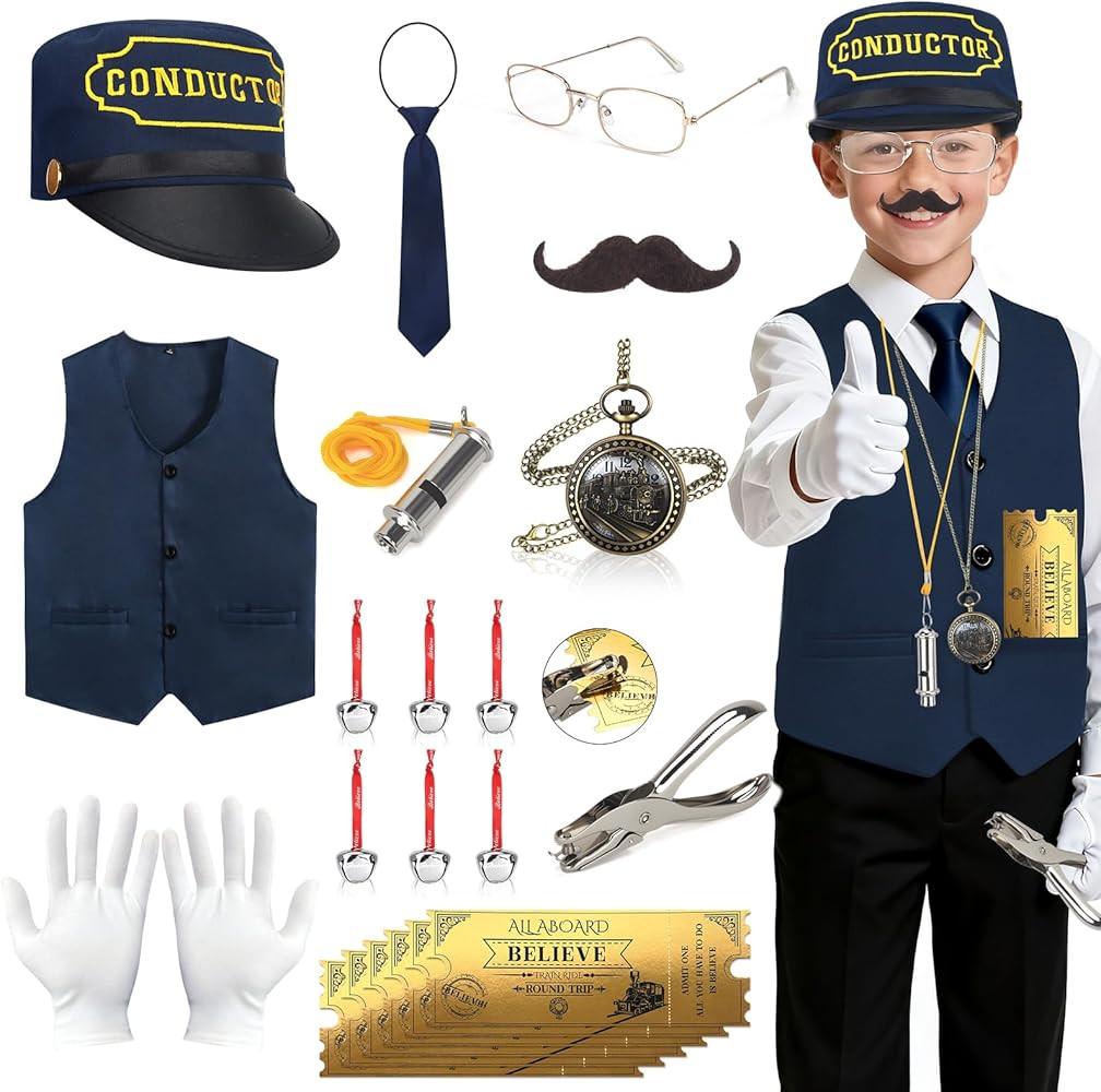 Beipegin 21 Pcs Train Conductor Costume Kids, Conductor Hat Vest Whistle, Believe Bells Train Poc... | Amazon (US)