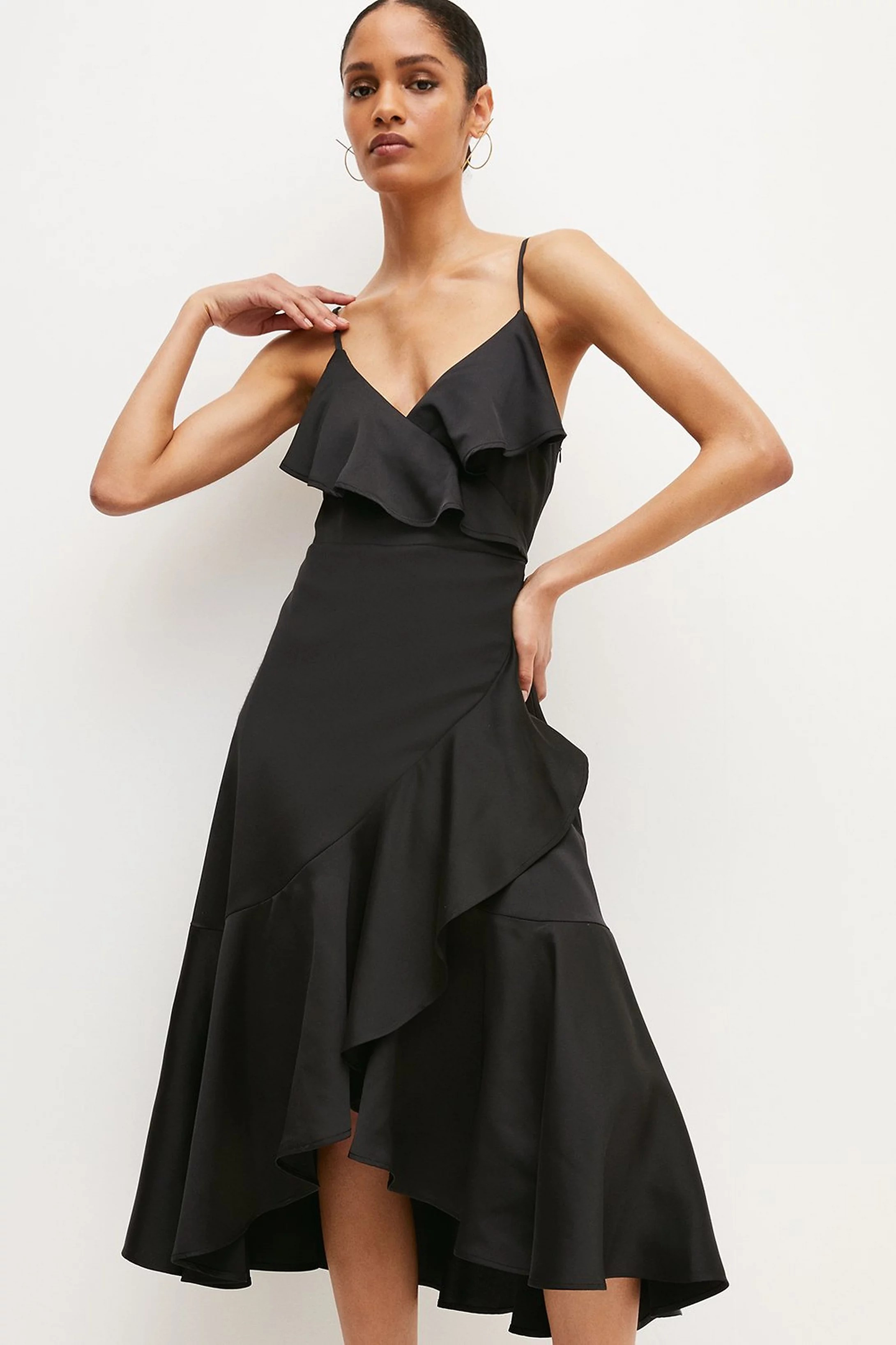 Soft Tailored Cami Ruffle Drape Midi Dress | Karen Millen US