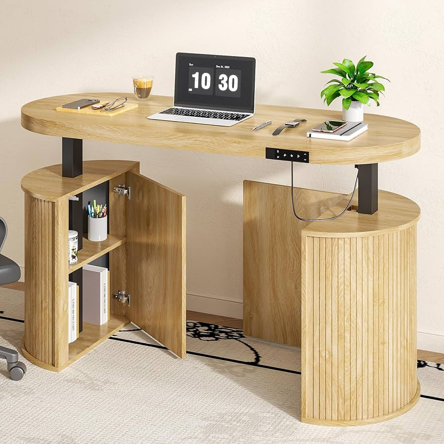 Mid Century Modern Electric Standing Desk with Storage, 55 x 22 Inch Small Sit Stand Up Desk, Woo... | Amazon (US)