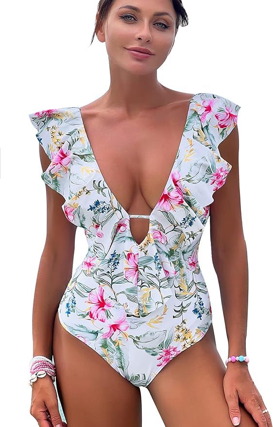 SPORLIKE Women One Piece Swimsuit Ruffle V Neck Bathing Suit Padded Monokini | Amazon (US)
