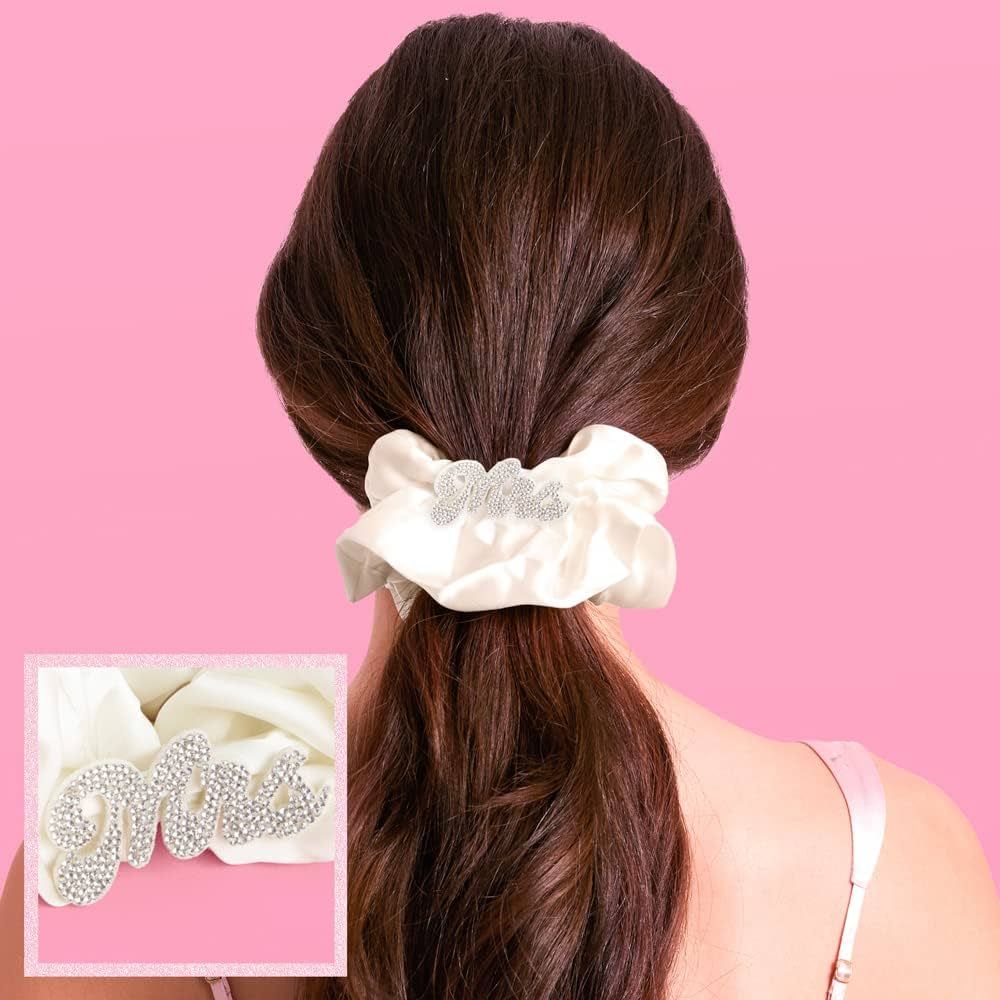 xo, Fetti Bachelorette Party Decorations Mrs Rhinestone Scrunchie - Ivory Satin Hair Tie | Bridal... | Amazon (US)