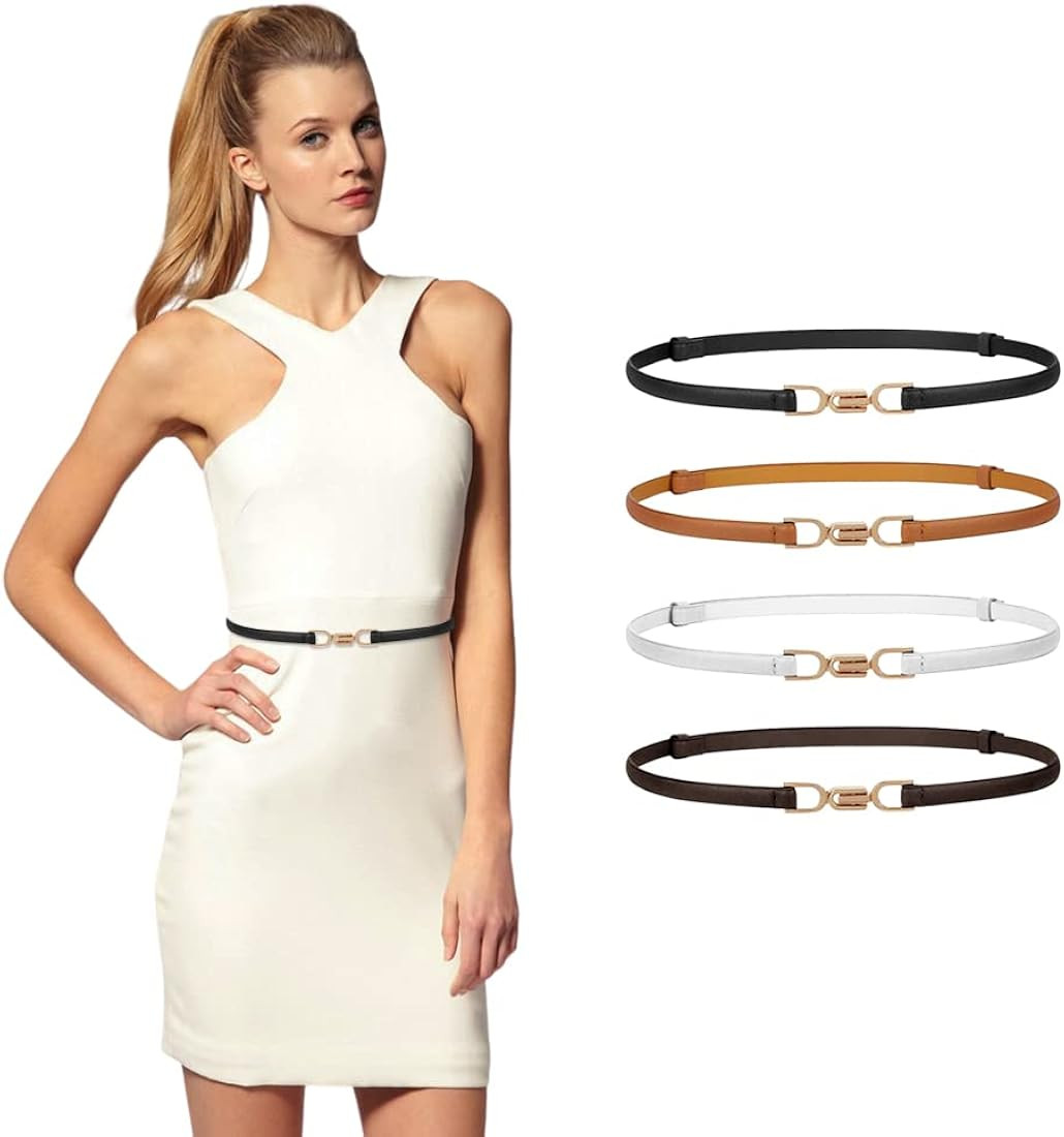 NOKDAL 4pièces Ceinture Fine Femme Cuir Noir Blanche Marron Belt Ceinture Fin Faux Cuir avec bou... | Amazon (FR)