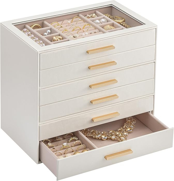 Lolalet Jewelry Box Organizer, 6-Layer Jewelry Organizers and Storage Case with Glass Lid, Ring E... | Amazon (US)