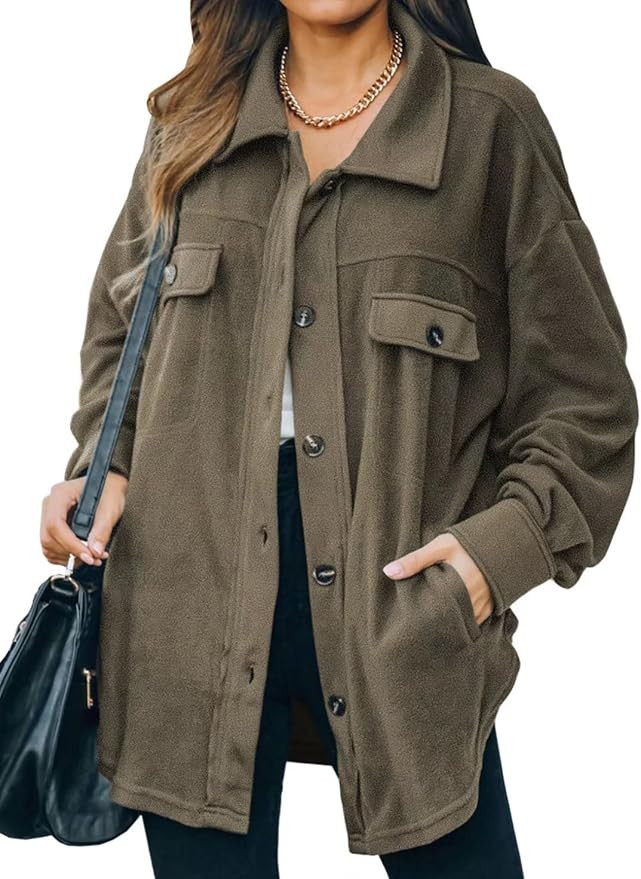 FARYSAYS Womens Button Down Shirts Shacket Jackets Mid Length Trench Pea Coat | Amazon (US)