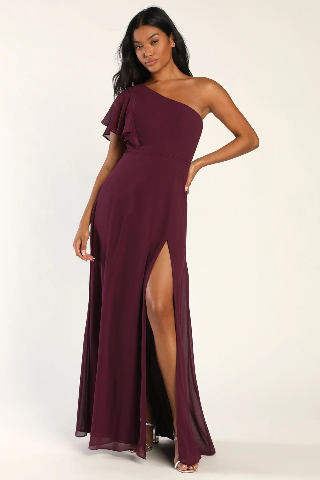 Radiant Bliss Plum Purple One-Shoulder Flutter Sleeve Maxi Dress | Lulus (US)