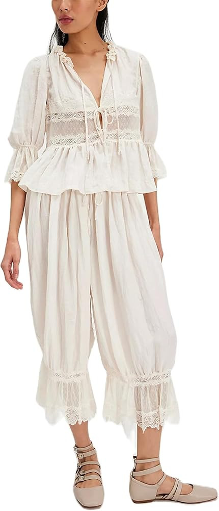 Thopavenoir Women Lace Trim 2 Piece Pajamas Sets Y2k Bow Tie Up Short Sleeve Shirts + Ruffle Flar... | Amazon (US)