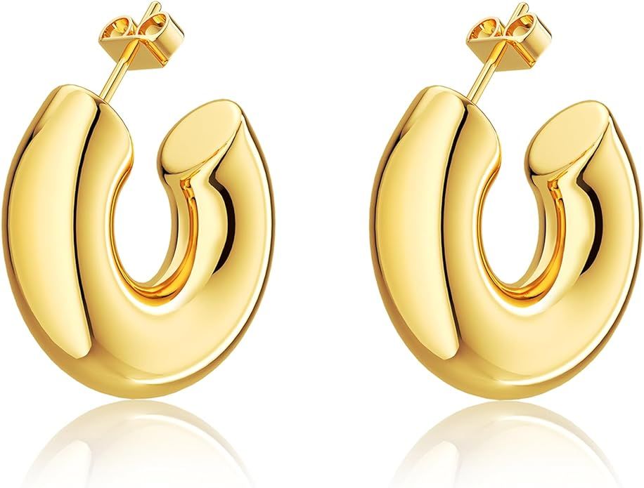 Hoop Earrings for Women 14K Gold Plated Earrings Chunky Gold Earrings Large Gold Hoops Stud Earri... | Amazon (US)
