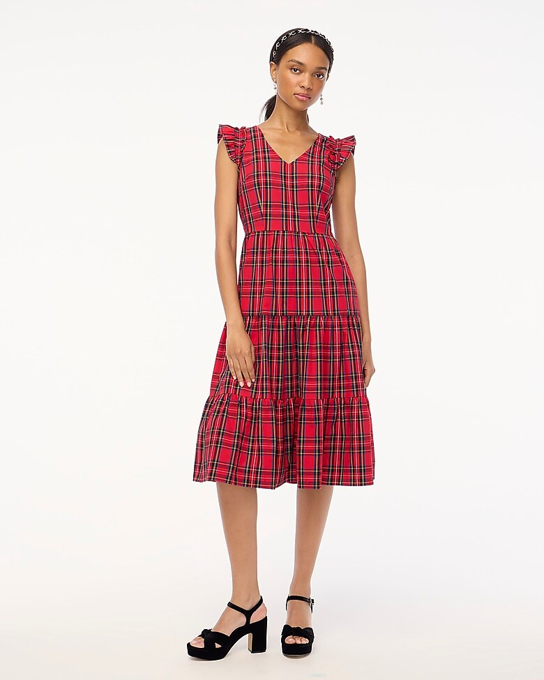 Tartan flutter-sleeve midi dress | J.Crew Factory