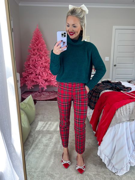 Red plaid pants / holiday outfit / holiday style / christmas outfit / plaid trousers / red bow flats / hair bow / girly holiday style 
Size: XS sweater, 00 petite pants, 6.5 flats (runs big) 

#LTKparties #LTKHoliday #LTKSeasonal