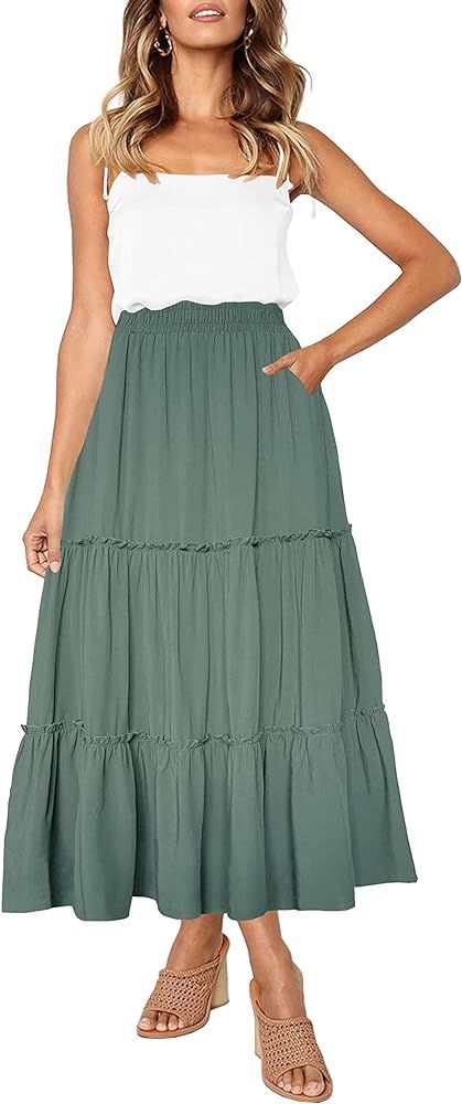 Afibi Womens High Waist A Line Ruffle Swing Long Maxi Skirt with Pockets | Amazon (US)