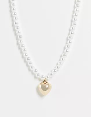ASOS DESIGN Valentines necklace with pearl and puff heart charm in gold tone | ASOS (Global)