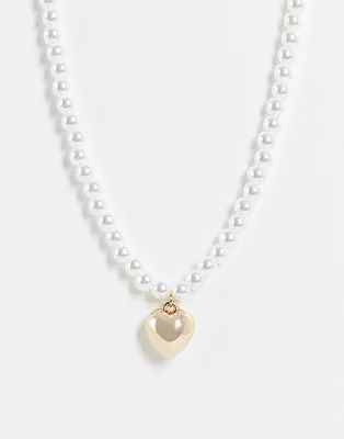 ASOS DESIGN Valentines necklace with pearl and puff heart charm in gold tone | ASOS (Global)