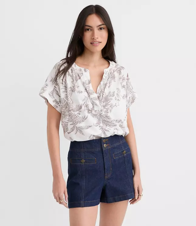 Floral Toile Split Neck Mixed Media Top | LOFT