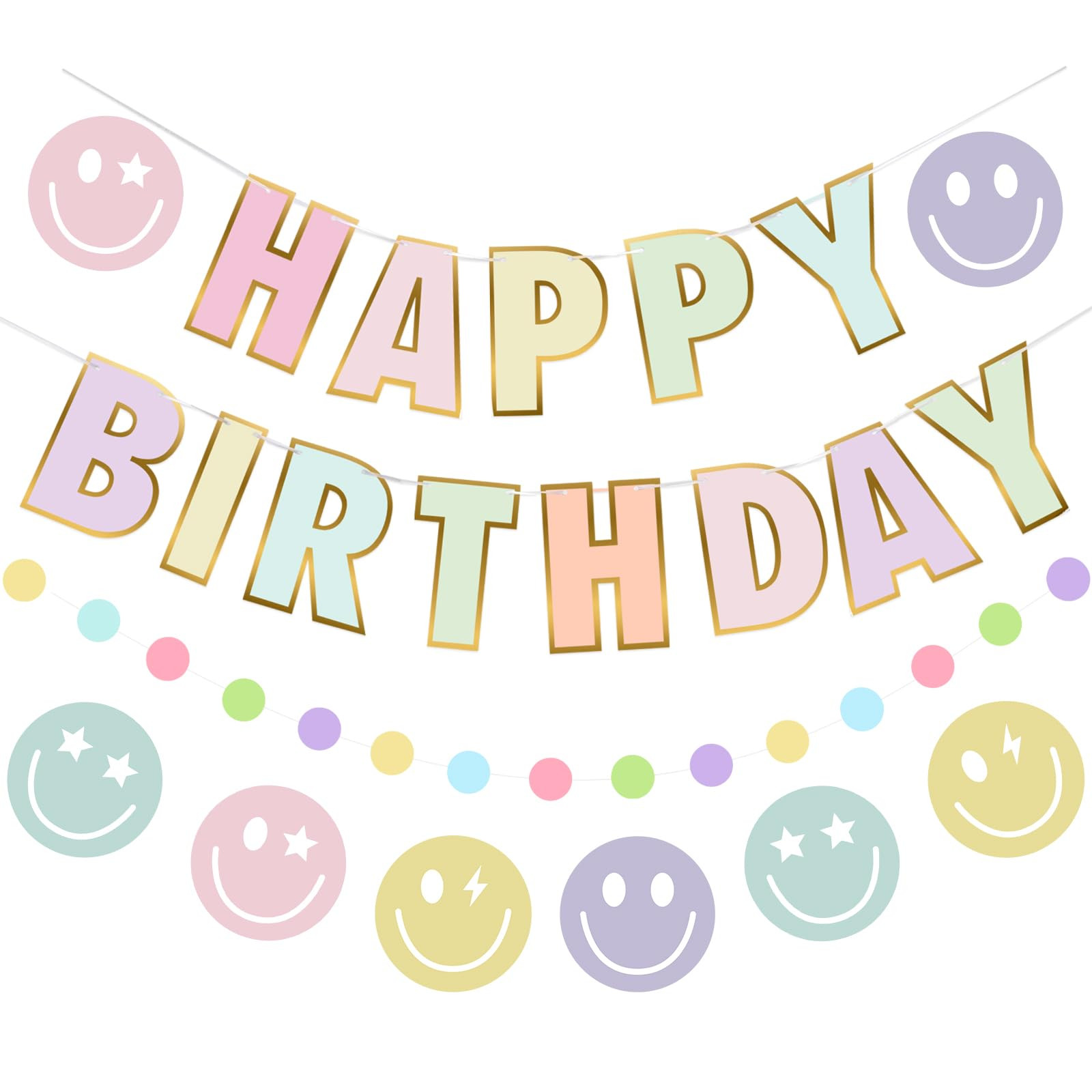Pre-Strung Happy Birthday Banner, Pastel Birthday Decorations with Smiley Face and Circle Dot Gar... | Amazon (US)
