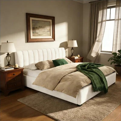 Bedroom Use King Size Upholstered Bed Frame With Thick Padded Headboard And Solid Wood Legs, Neutral Beige Linen Blend | Wayfair North America