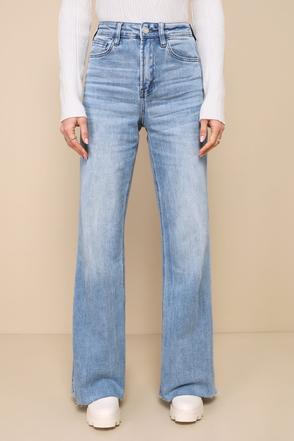 Olivia Light Wash Super High Rise Wide-Leg Raw Hem Jeans | Lulus