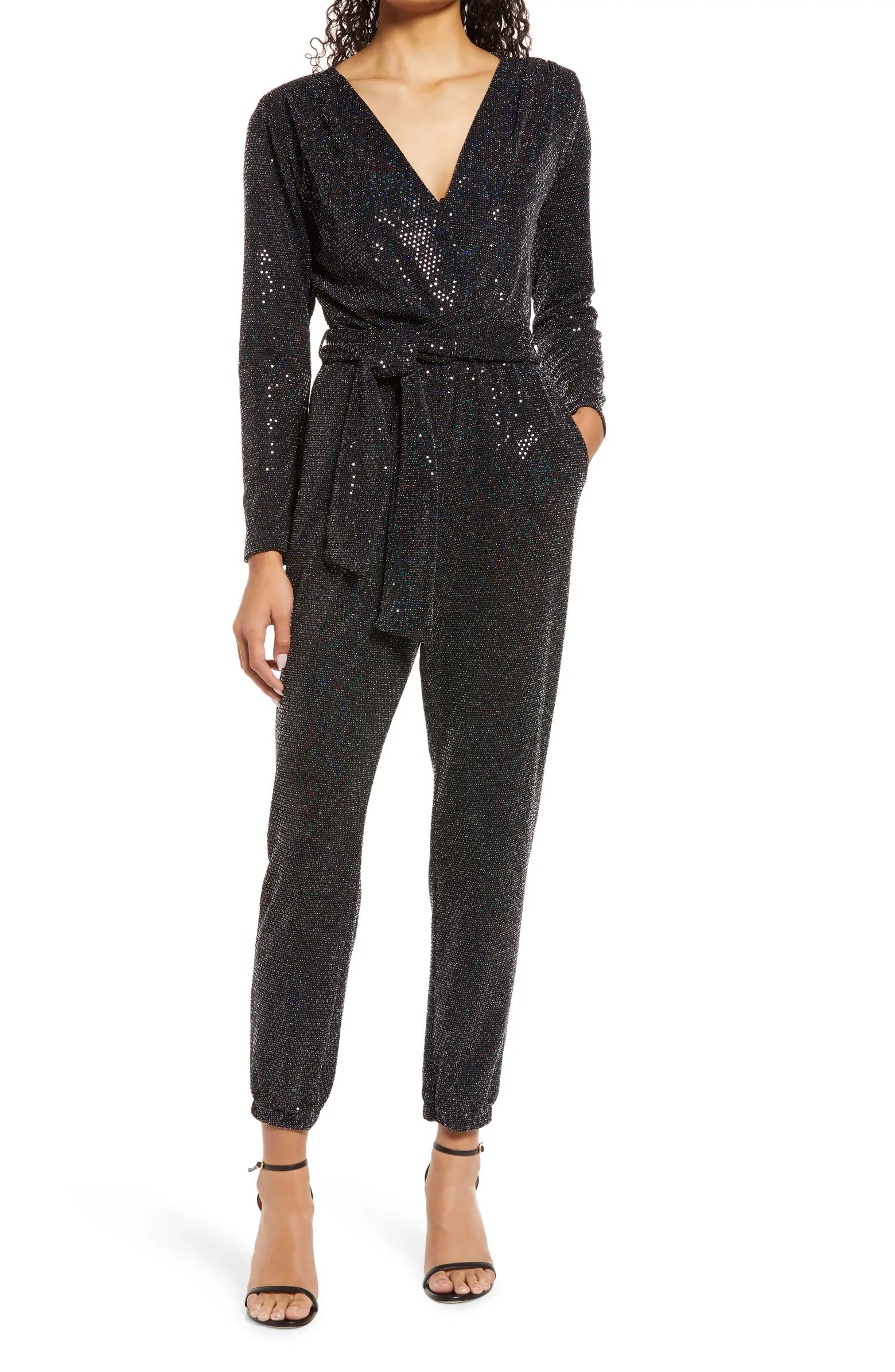 Fraiche by J Sequin Tie Waist Long Sleeve Jumpsuit | Nordstrom | Nordstrom