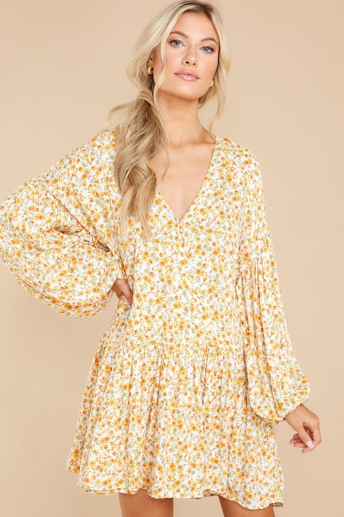 Far Away Places Yellow And Orange Floral Print Dress | Red Dress 