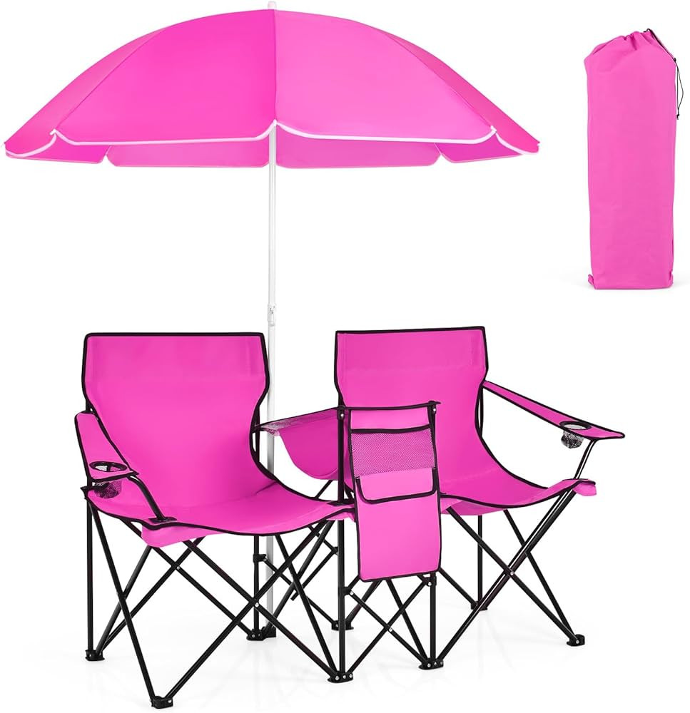 Giantex Double Camping Chair with Umbrella - Folding Picnic Loveseat with Carrying Bag, Cooler Ba... | Amazon (US)