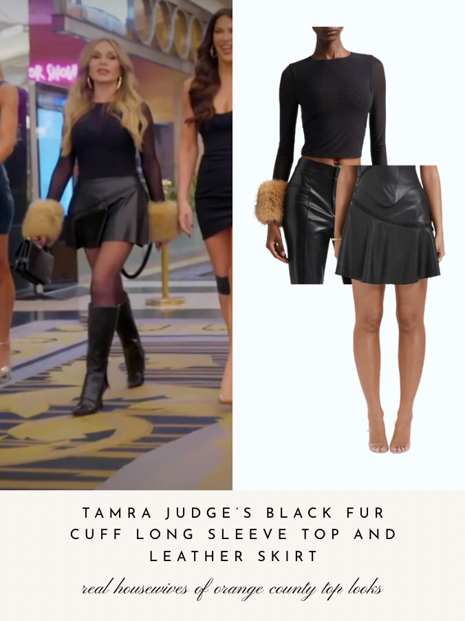 Tamra Judge's Black Fur Cuff Long Sleeve Top and Leather Skirt  

 