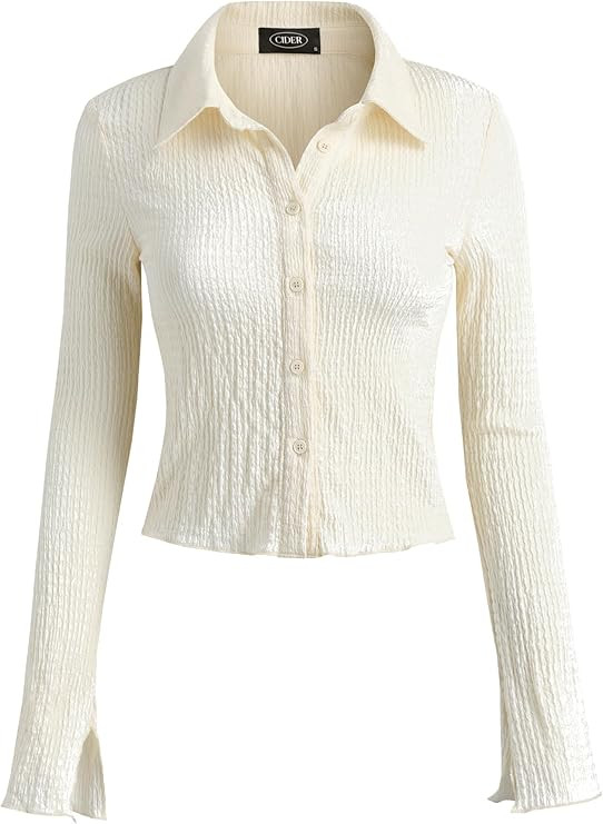 CIDER Texture Solid Bell Sleeve Crop Shirt | Amazon (US)