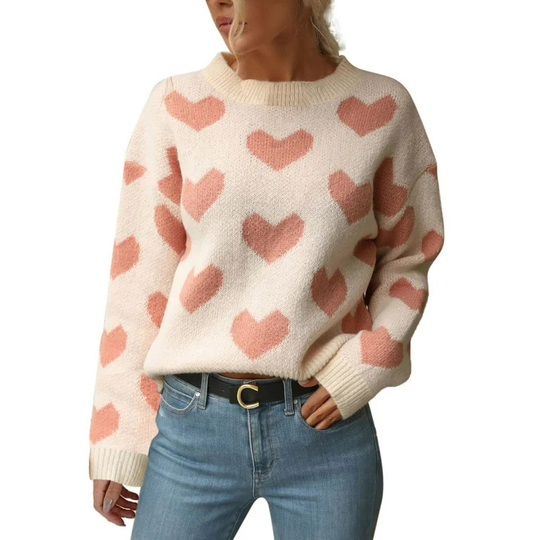EHQJNJ Women Sweaters for Fall 2024 Trendy Plush Love Heart Print Long-Sleeved Crew Neck Knit Top... | Walmart (US)