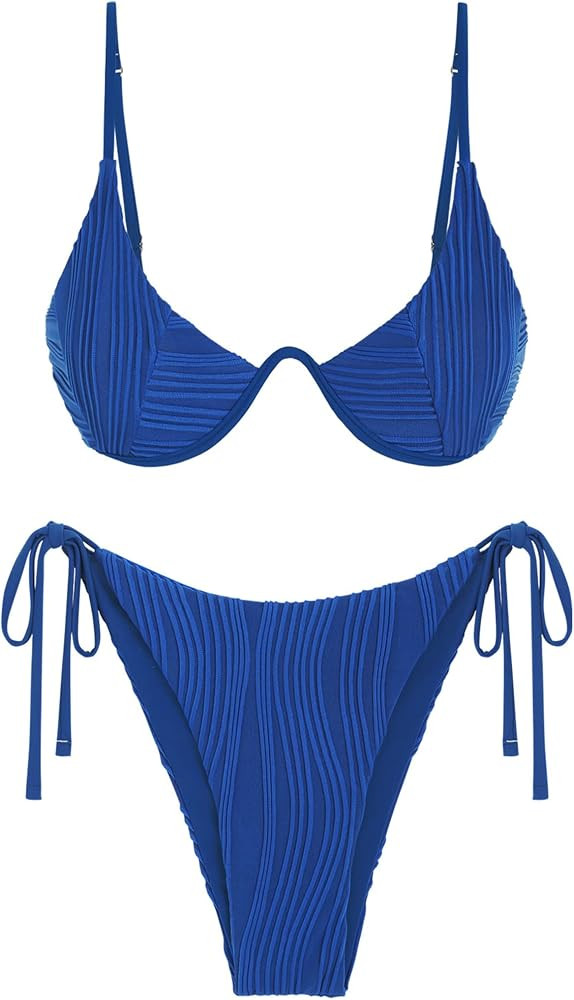ZAFUL Women's Underwire Ribbed Triangle Bikini Set 2 Piece Thong Swimsuits | Amazon (US)