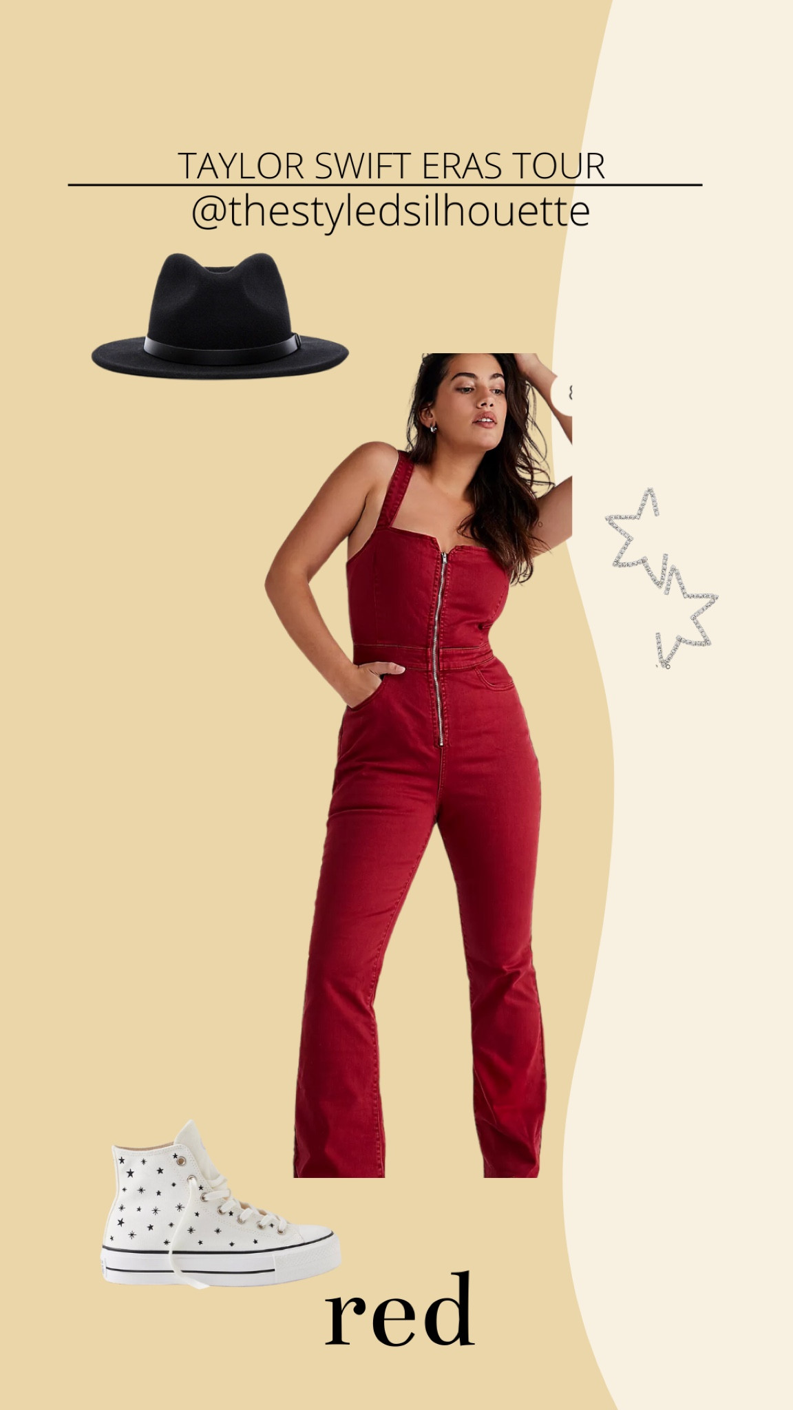 Taylor swift eras tour outfits// red // red jumpsuit// black hat// star earrings// star converse 

#LTKstyletip #LTKSeasonal
