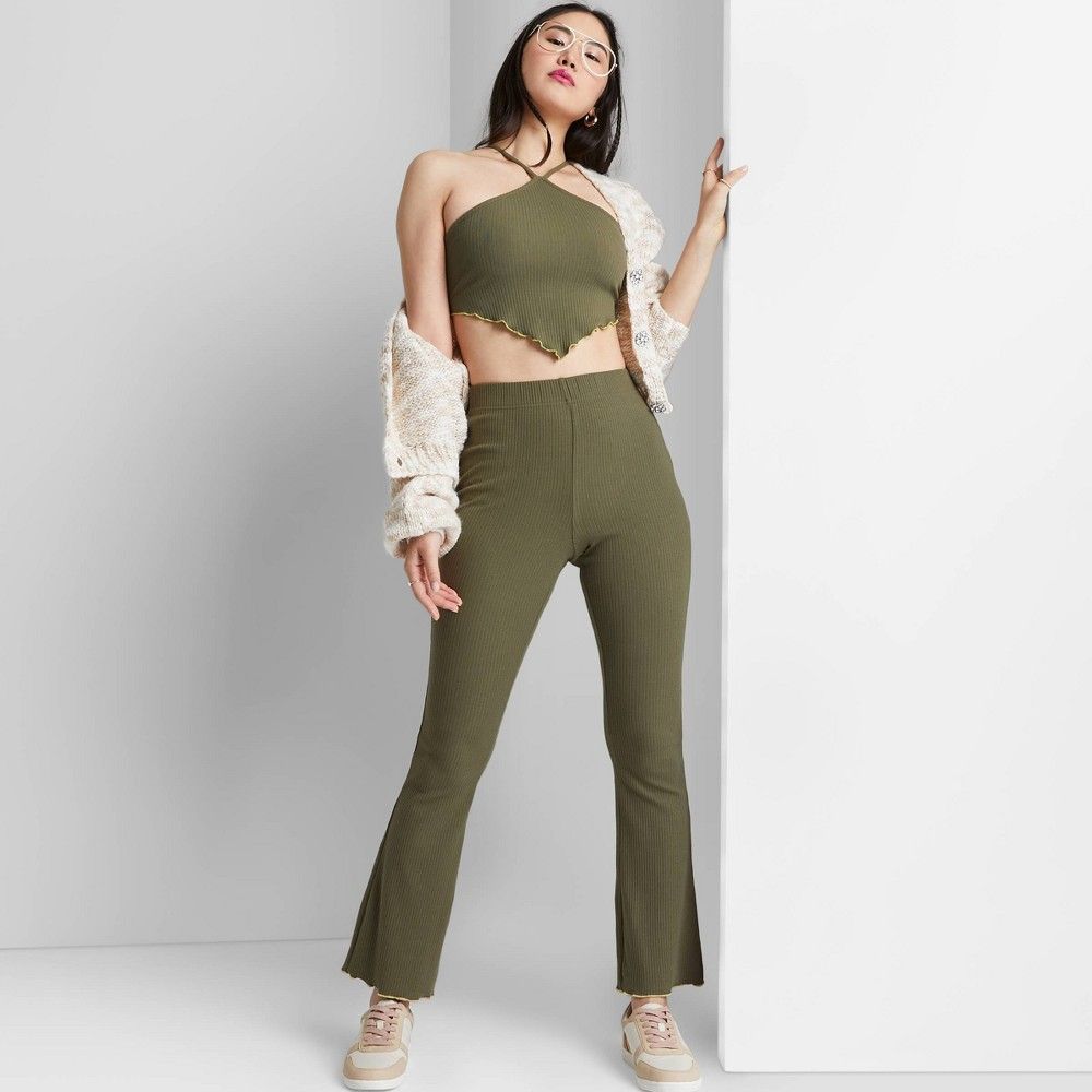 Women's High-Waisted Ribbed Lettuce Edge Flare Pants - Wild Fable Green S | Target
