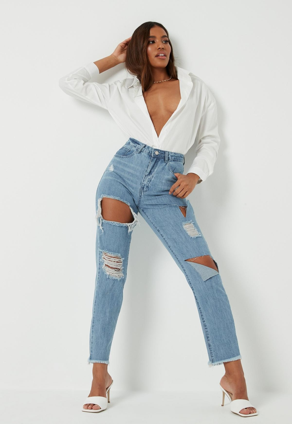 Blue Stonewash Riot High Rise Ripped Denim Mom Rigid Jeans | Missguided (US & CA)